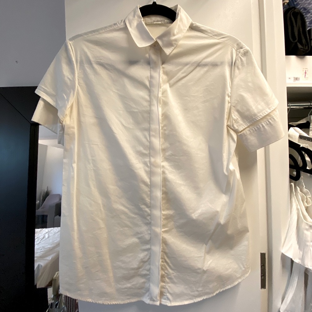 All Saints white short sleeve button up blouse